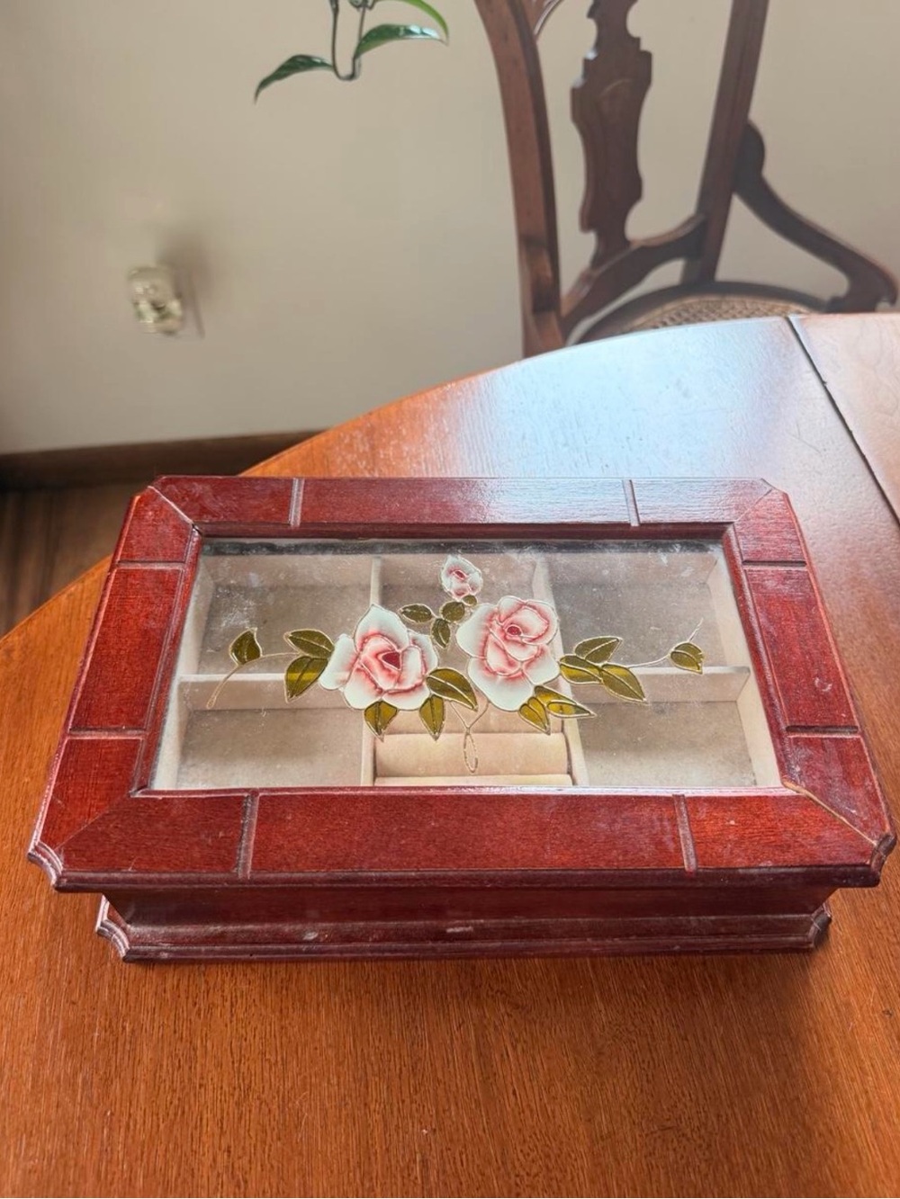 Wood & Glass Pink Floral Jewelry Box